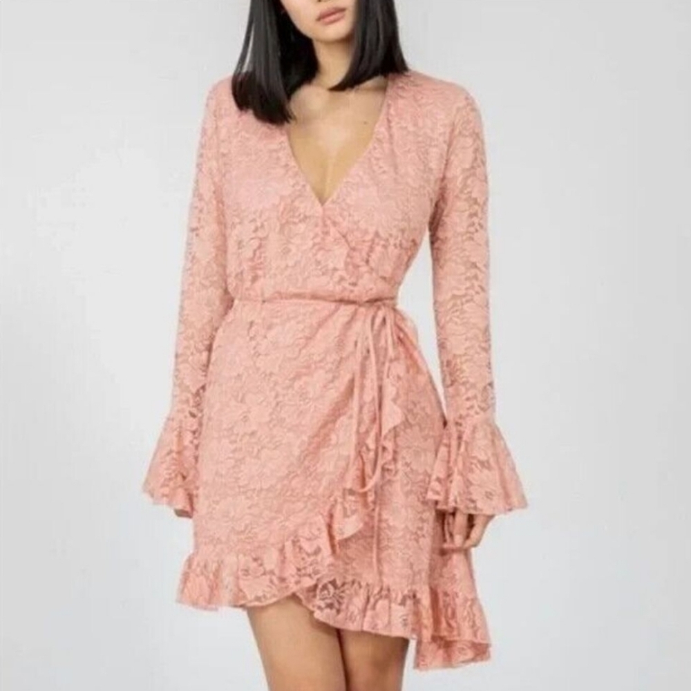 We Are Hah Wrap Star Pink Lace Wrap Dress, S